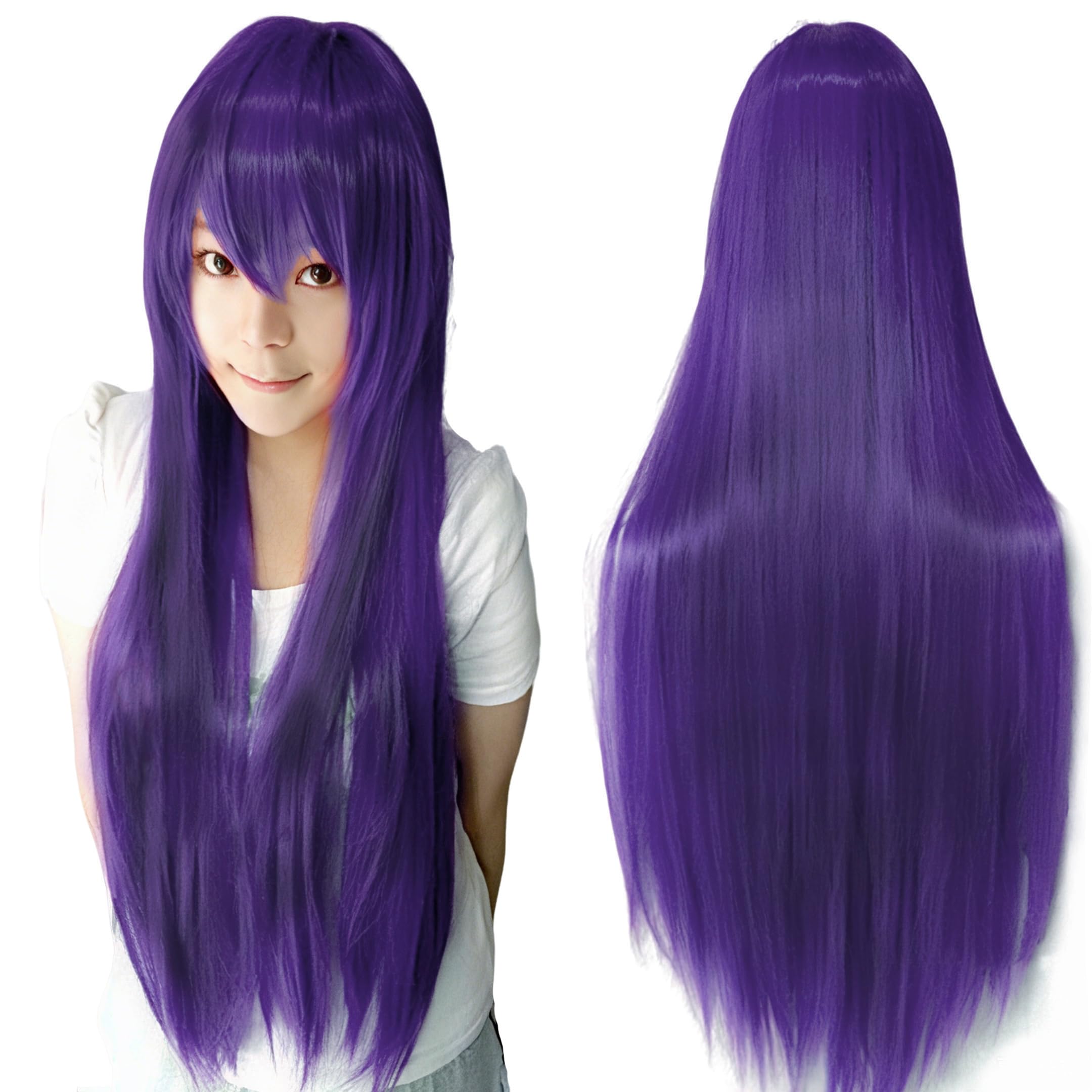 IMISSU 80cm Long Straight Natural Hair Cosplay Wigs with Bangs Colorful Halloween Costume Party Wig for Girl (Dark Purple)
