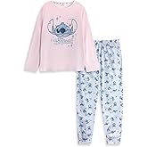 Disney Lilo & Stitch Velour Fleece Women’s Pink Long Sleeve Pyjama Set | Cartoon Character Print Sleepwear Bedtime Loungewear