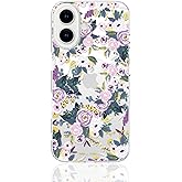 FEWGEY Clear Phone Case for iPhone 16 Compatible with Magsafe, Spring Purple Flowers Design Magnetic Shock Proof Heavy-Duty Protection for Men Boys Women Girls