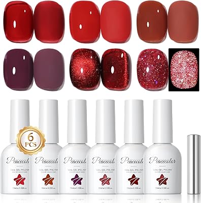 Vernis Semi Permanent Rouge, 6 Couleurs Bourgogne Foncé Paillettes Cat Eye Vernis à Ongles Soak-Off UV/LED French Manucure Gel Ongle UV pour Salon DIY Home 10ml