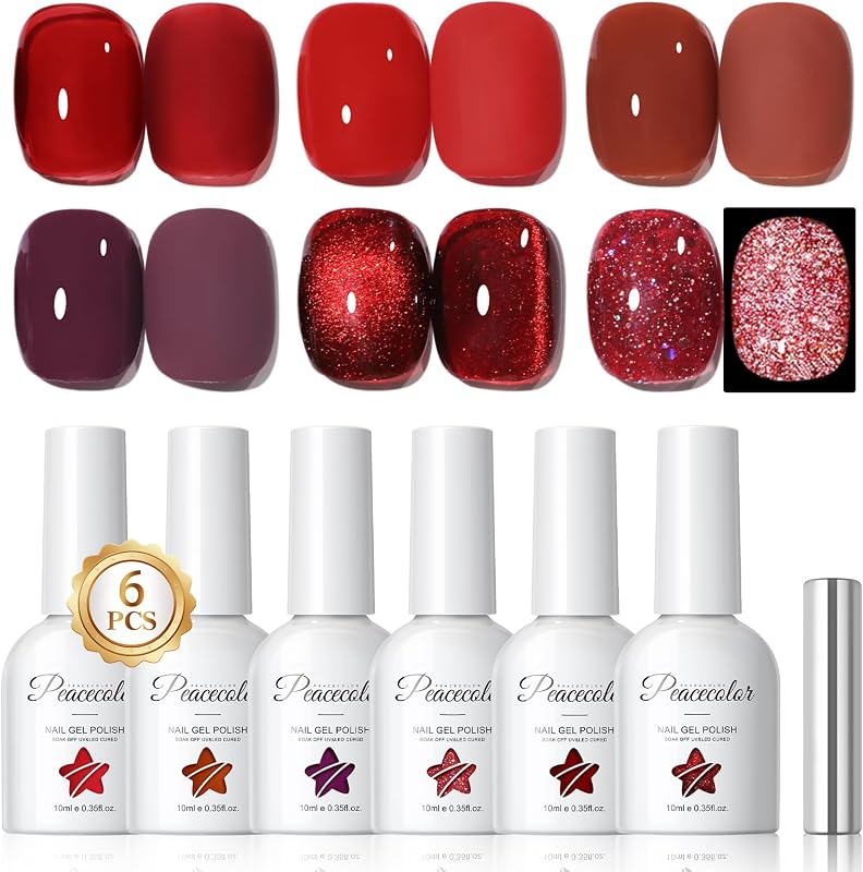 Vernis Semi Permanent Rouge, 6 Couleurs Bourgogne Foncé Paillettes Cat Eye Vernis à Ongles Soak-Off UV/LED French Manucure Gel Ongle UV pour Salon DIY Home 10ml