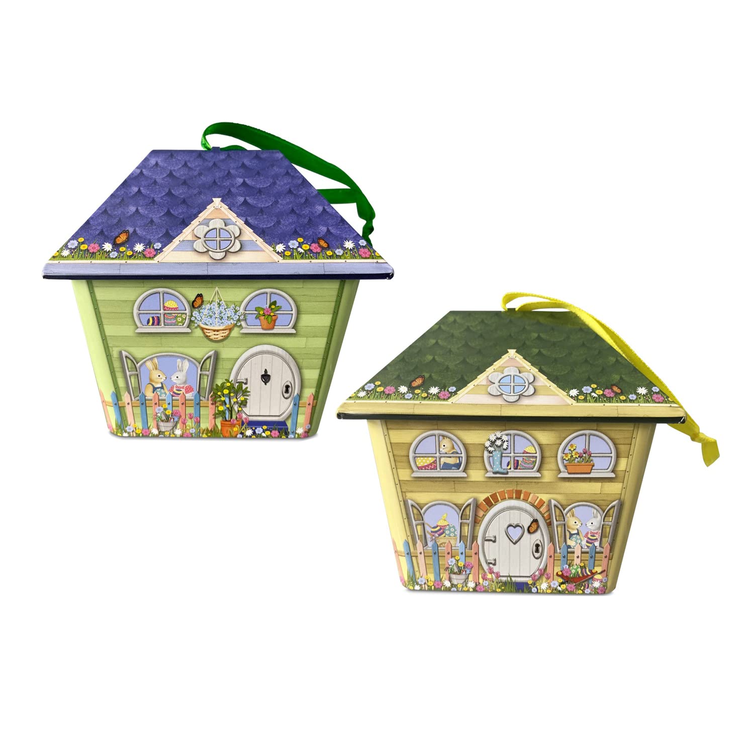 stylebox Set of 2 Tins in the Shape of a Small House Easter Chocolate Box Yellow / Green with Hanger Approx. 11 x 8.5 x 9.5 cm Volume: 200 ml