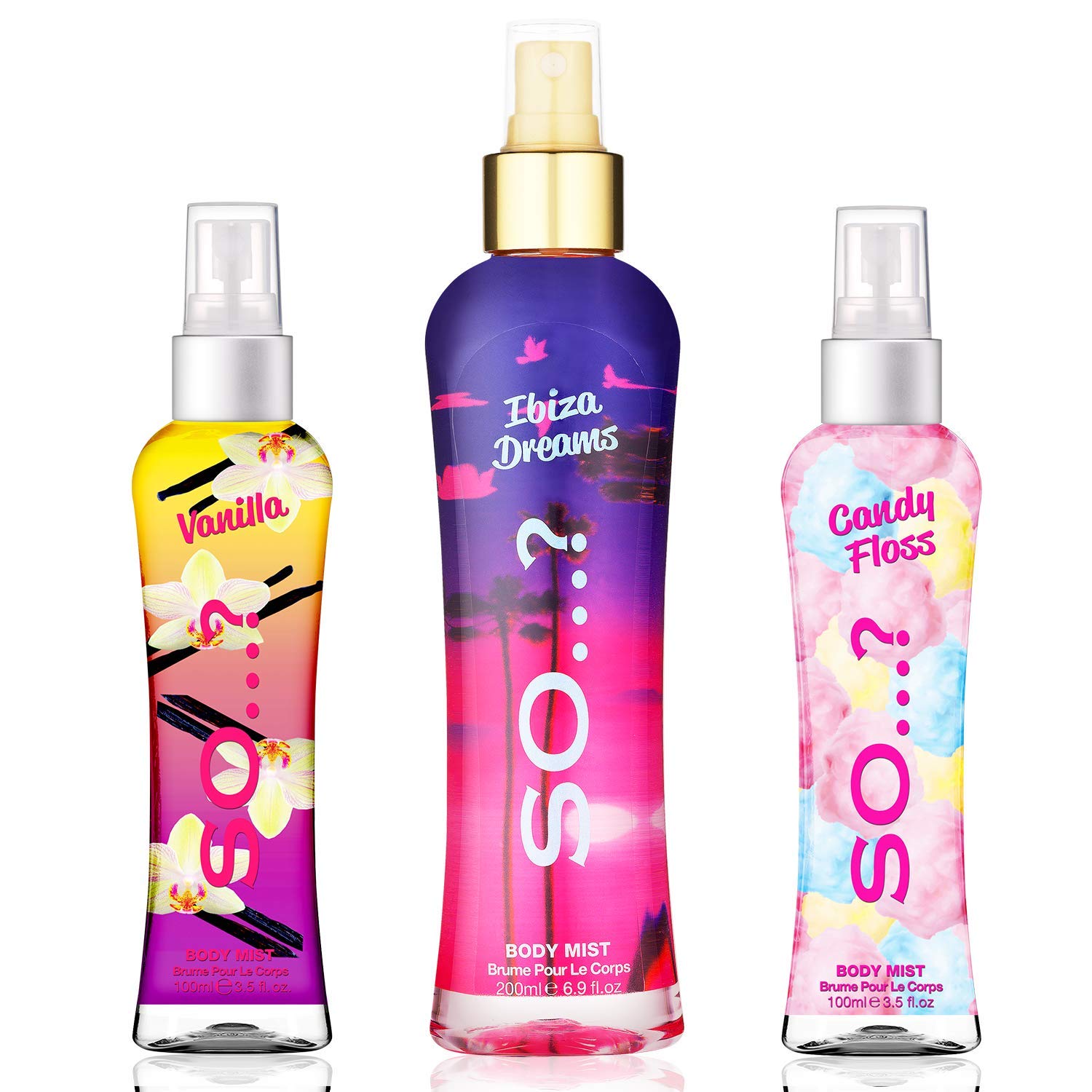 Body Mist by So…? Womens Candy Floss & Vanilla (100ml), Ibiza Dreams (200ml) Body Mist Mixed Fragrance Spray Bundle (Pack of 3)
