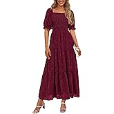 PRETTYGARDEN Women's 2026 Summer Casual Midi Dresses Square Neck Short Sleeve Smocked A Line Floral Flowy Elegant Boho Dress