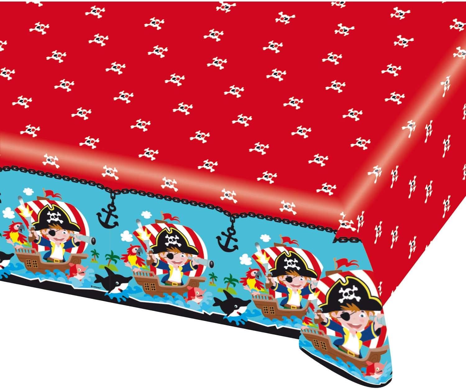 Amscan 9902123 Pirate Tablecloth 1 Piece Size 120 x 180 cm Plastic Water Resistant Red with Multicoloured Motifs Buccaneers Anchors Skulls s Children's Party Theme Birthday
