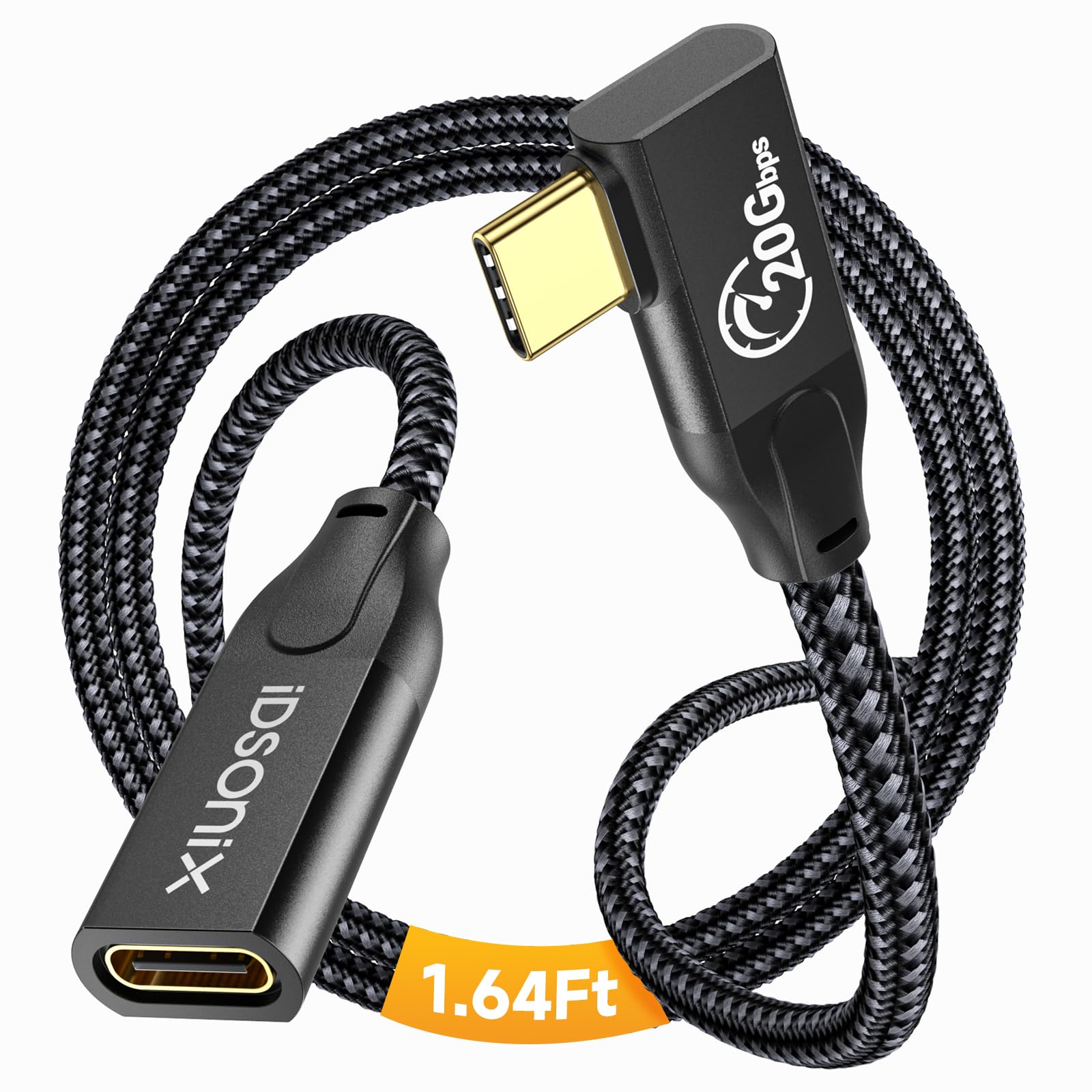 iDsonix USB C Extension Cable - Right Angle 1.6Ft USB C Extender Cable Support 20Gbps USB 3.2 Gen2x2 / 4k@60Hz / 100W Fast Charging for USB C Hub/Dell XPS/MacBook/iPad Pro, Nylon Braide