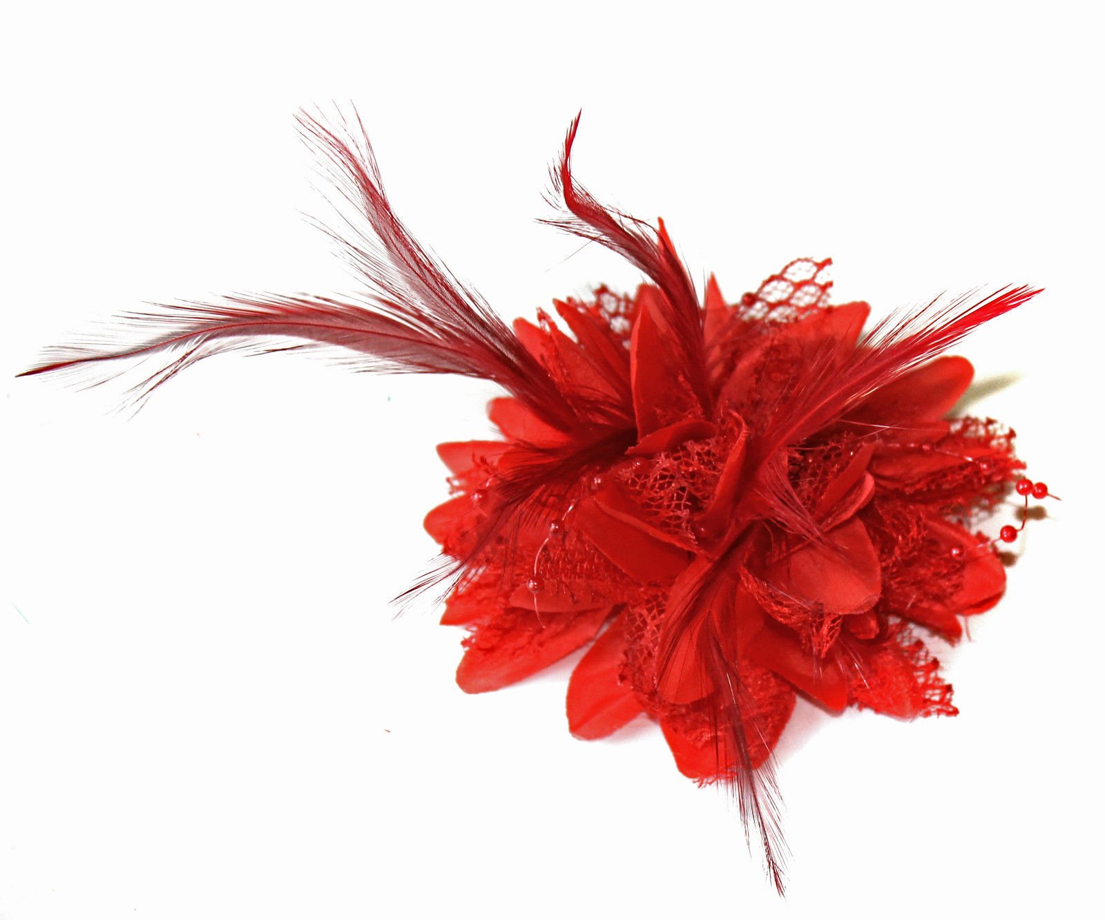 Flower Feaather Bead Corsage Hair Clips Fascinator Hairband and Pin (Red) — image 1