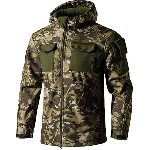 HYYGOCCTV Men's Windproof Water Resistant Jacket Fleece Lined Camo Splice Tactical Hooded Multi Pocket Coat For Hiking