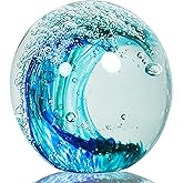 JUYOULE Hand Blown Ocean Wave Glass Ball ：Unique Gift for Beach Lovers，Beach Decorations for Home, Sea Glass Paperweight for Coastal Room Decor, Aquarium &amp; Ocean Themed Decorations