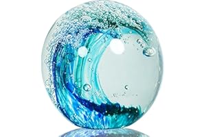 JUYOULE Hand Blown Ocean Wave Glass Ball ：Unique Gift for Beach Lovers，Beach Decorations for Home, Sea Glass Paperweight for Coastal Room Decor, Aquarium & Ocean Themed Decorations