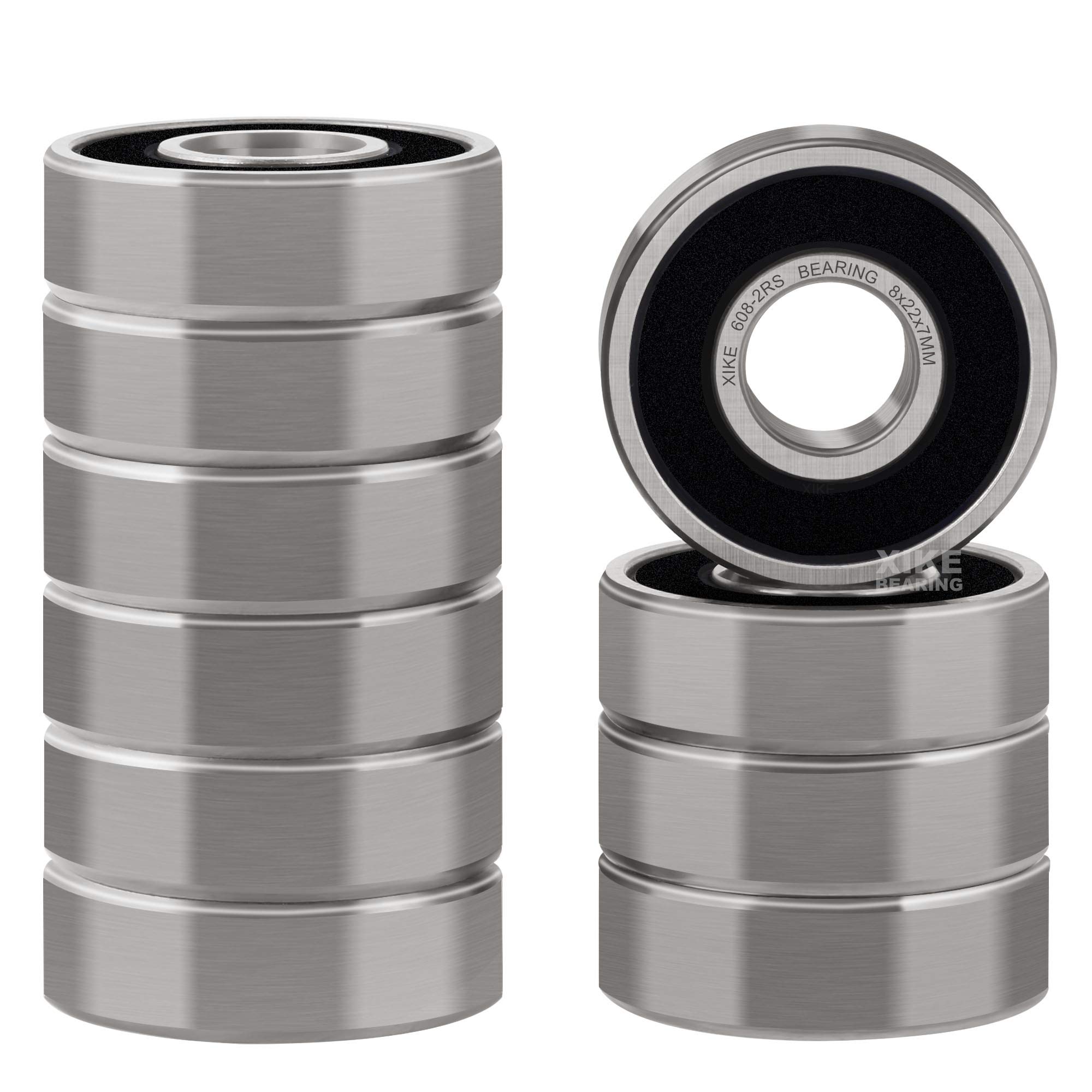 XIKE 608-2RS Sealed Ball Bearings 8x22x7mm, 608RS Deep Groove Ball Bearing with Double Rubber Seal and Chrome Steel, Pack of 10.