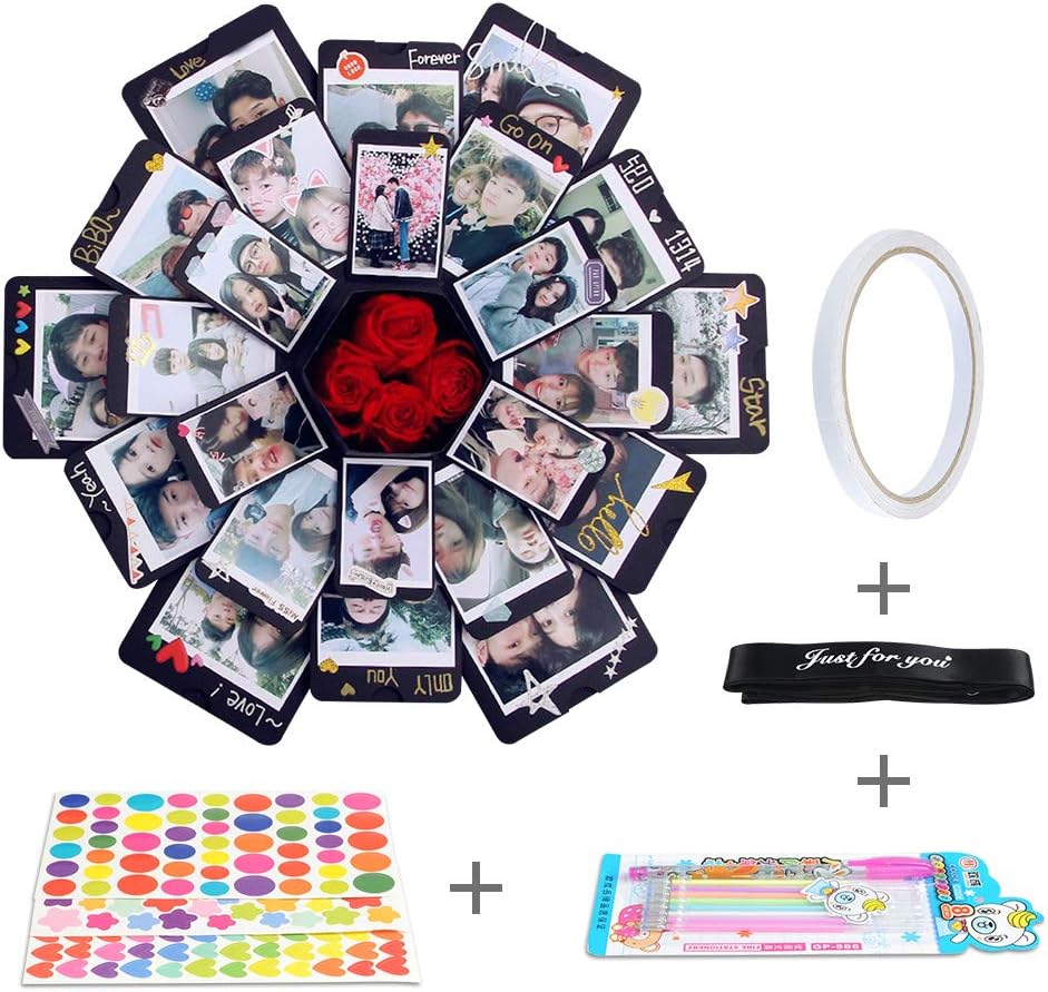 OFNMY Explosion Box Photo Album, Ceartive DIY Handmade Scrapbooking Explosion Gift Box for Mother's Day Valentine's Day Wedding Box Birthday (Black, Includes 12Pcs Accessories)