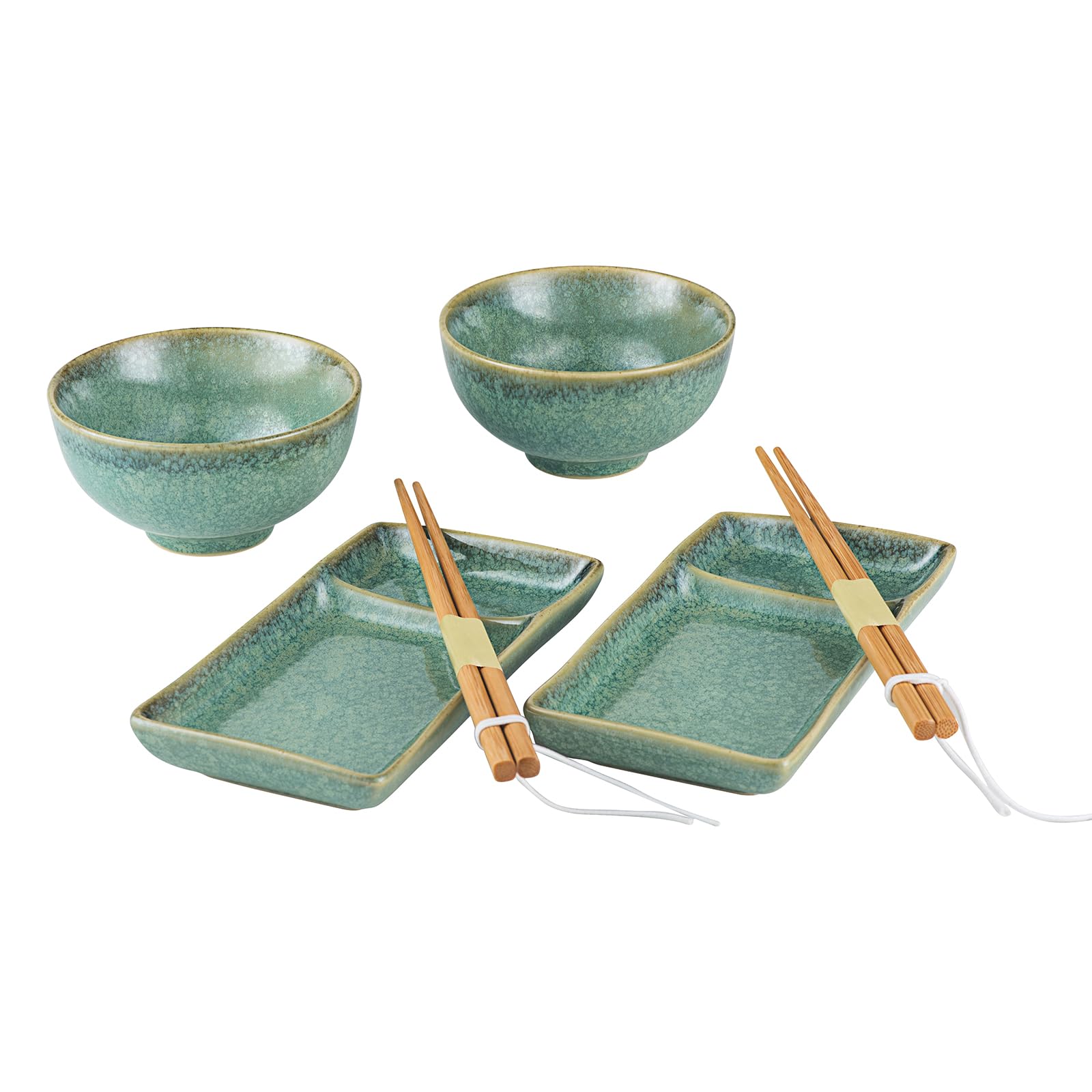 HENXFEN LEAD Sushi Tableware Set, Japanese Tableware for Miso Soup, Maki, Rice with 2X Plates, Bowls, Chopsticks, Shiny Green