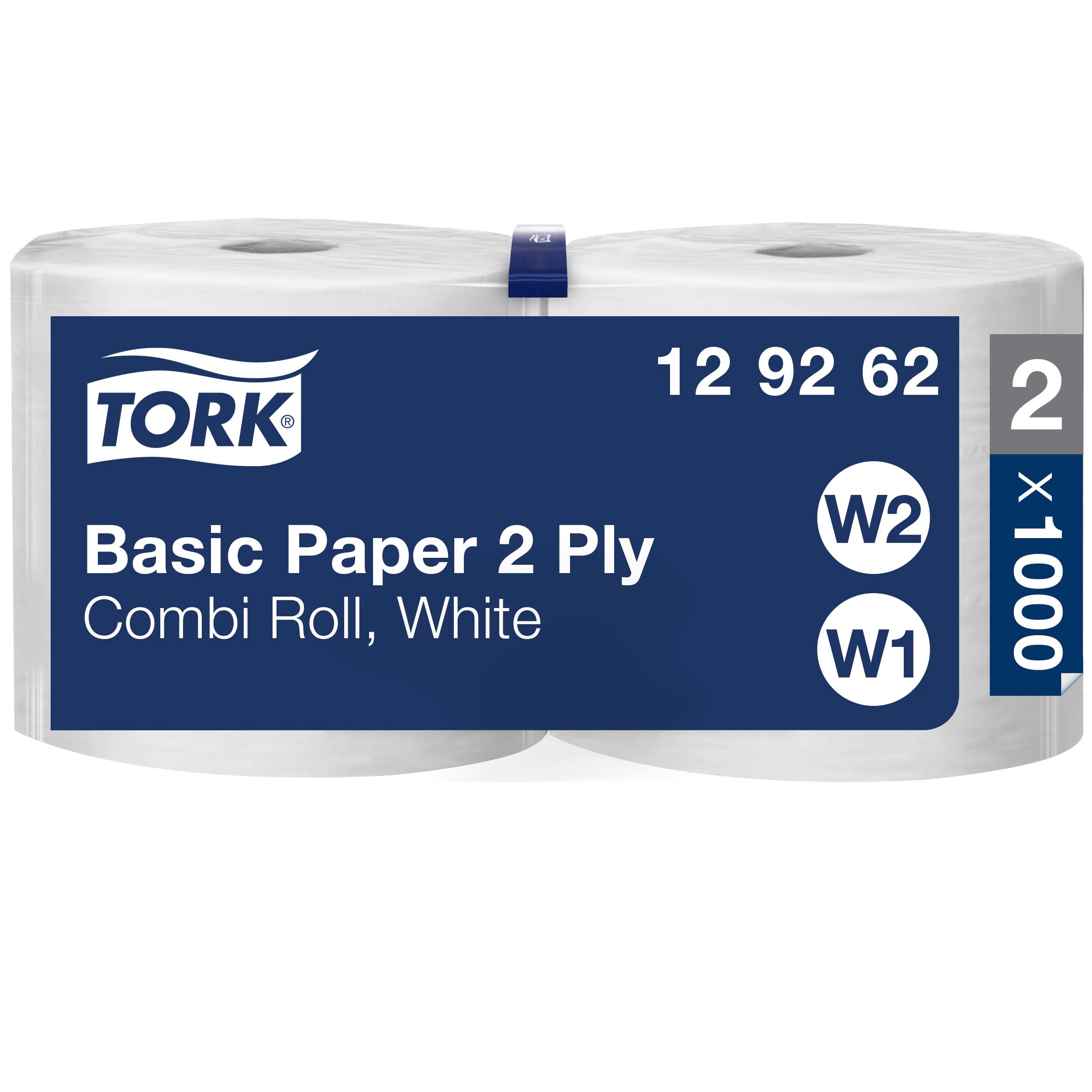 Tork 129262 Basic Paper 2 Ply / Absorbent, Recycled Paper Suitable for Tork W1 Wipers Wall/Floor & W2 Combi Roll Systems / White / 2 x 340m / Ø 26cm