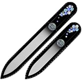 Mont Bleu Premium Set of 2 Glass Nail Files Hand Decorated with Crystals - in Black Velvet Sleeve - Genuine Czech Tempered Glass - Mothers Day Gifts - Fingernail File for Natural Nails