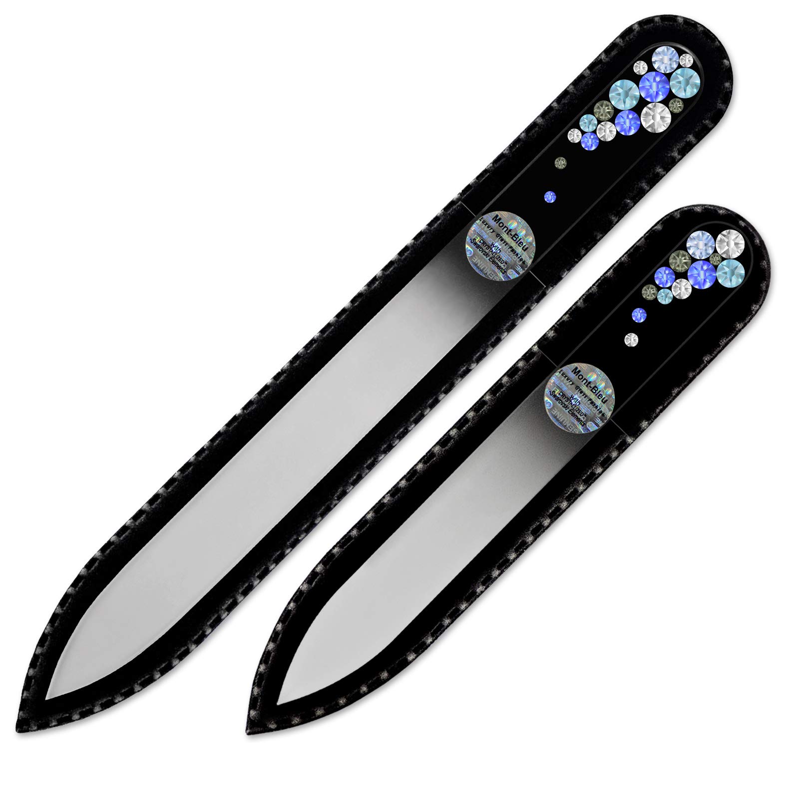 Mont Bleu Premium Set of 2 Crystal Nail Files Hand Decorated with crystals - in Black Velvet Sleeve - Genuine Czech Tempered Glass - Premium Fingernail File for Natural Nails
