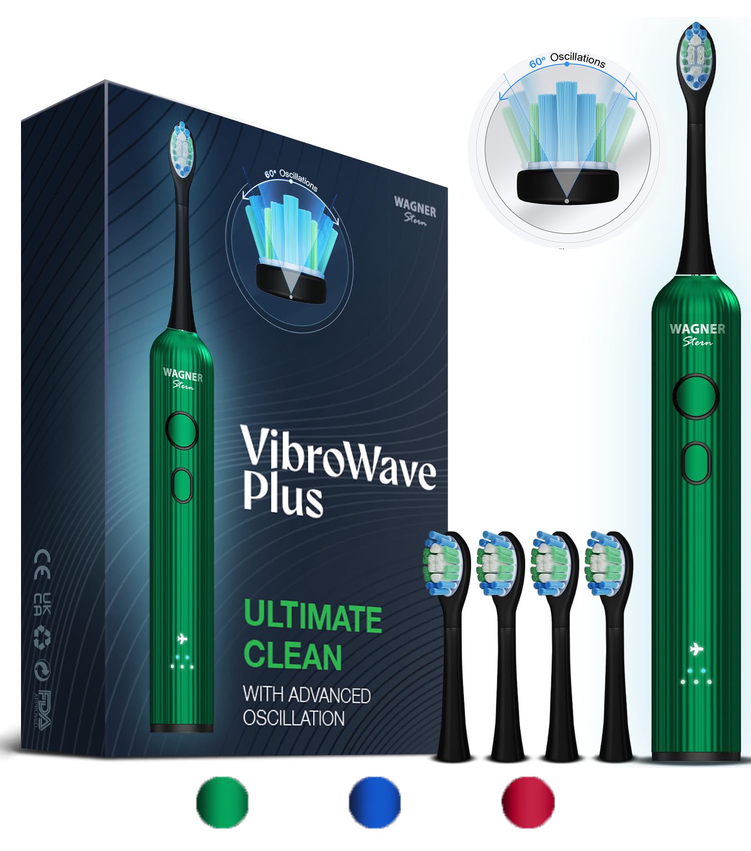 Wagner Stern VibroWave Plus Oscillation & Vibration Sonic Electric Toothbrush with 4 Brush Heads. IPX7 Waterproof.