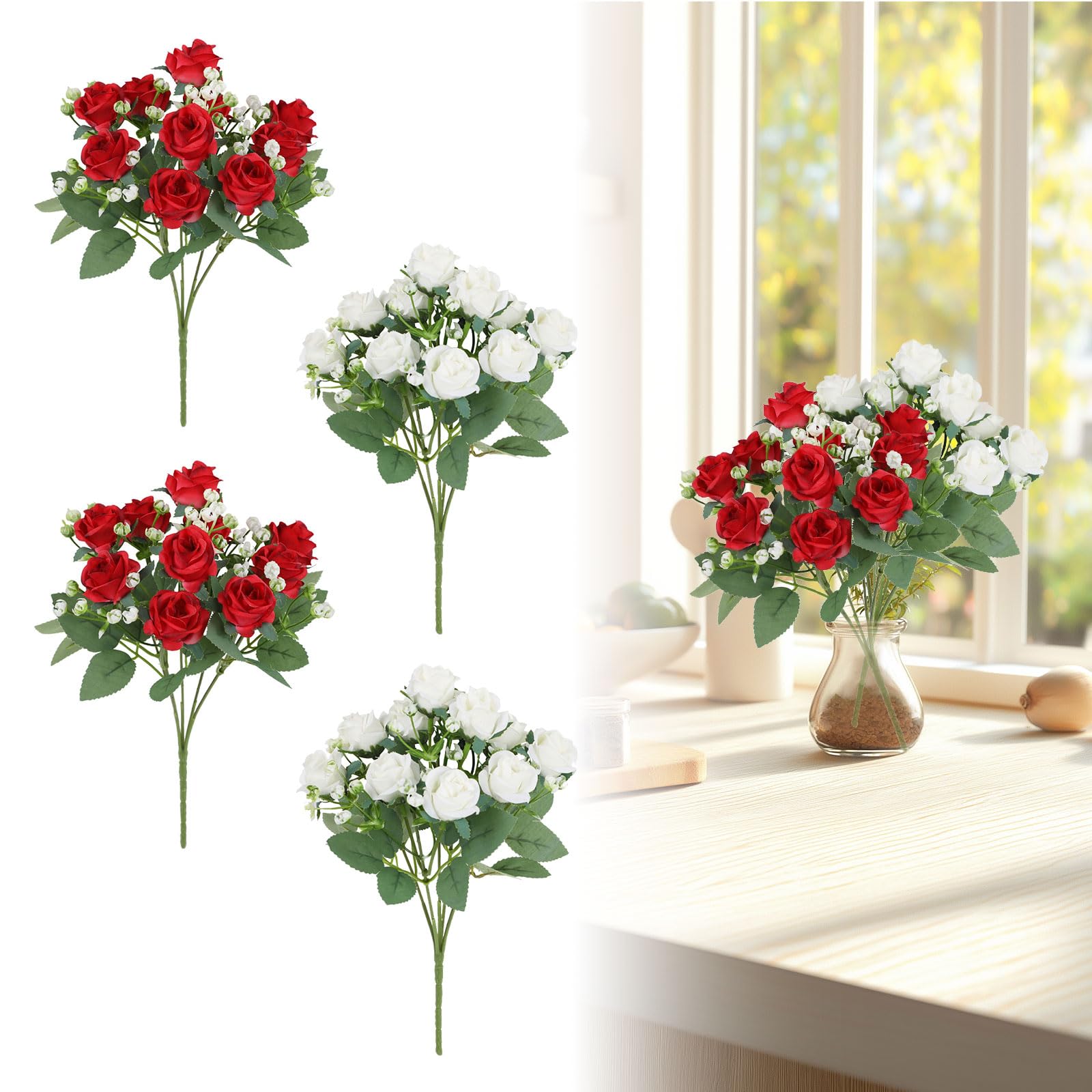 4 PCS Artificial Flowers Rose Artificial Flowers Outdoor UV Resistant Plants Faux Plastic Shrubs Indoor Outside Hanging Planter for Home Garden Wedding Bouquet Office Table Party Hotel Decoration Gift