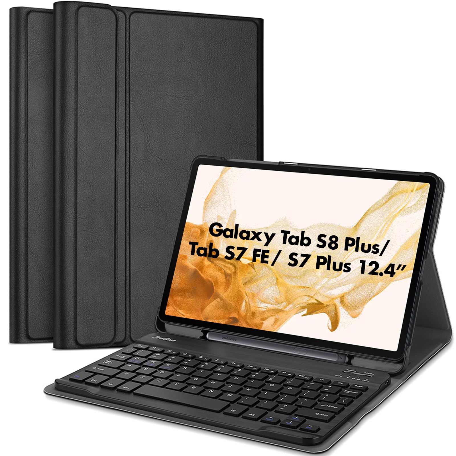 ProCase Keyboard Case for Galaxy Tab S8 Plus 2022/ S7 FE 2021/Tab S7 Plus 12.4-Inch 2020, Slim Protective Cover with Magnetically Detachable Keyboard -Black