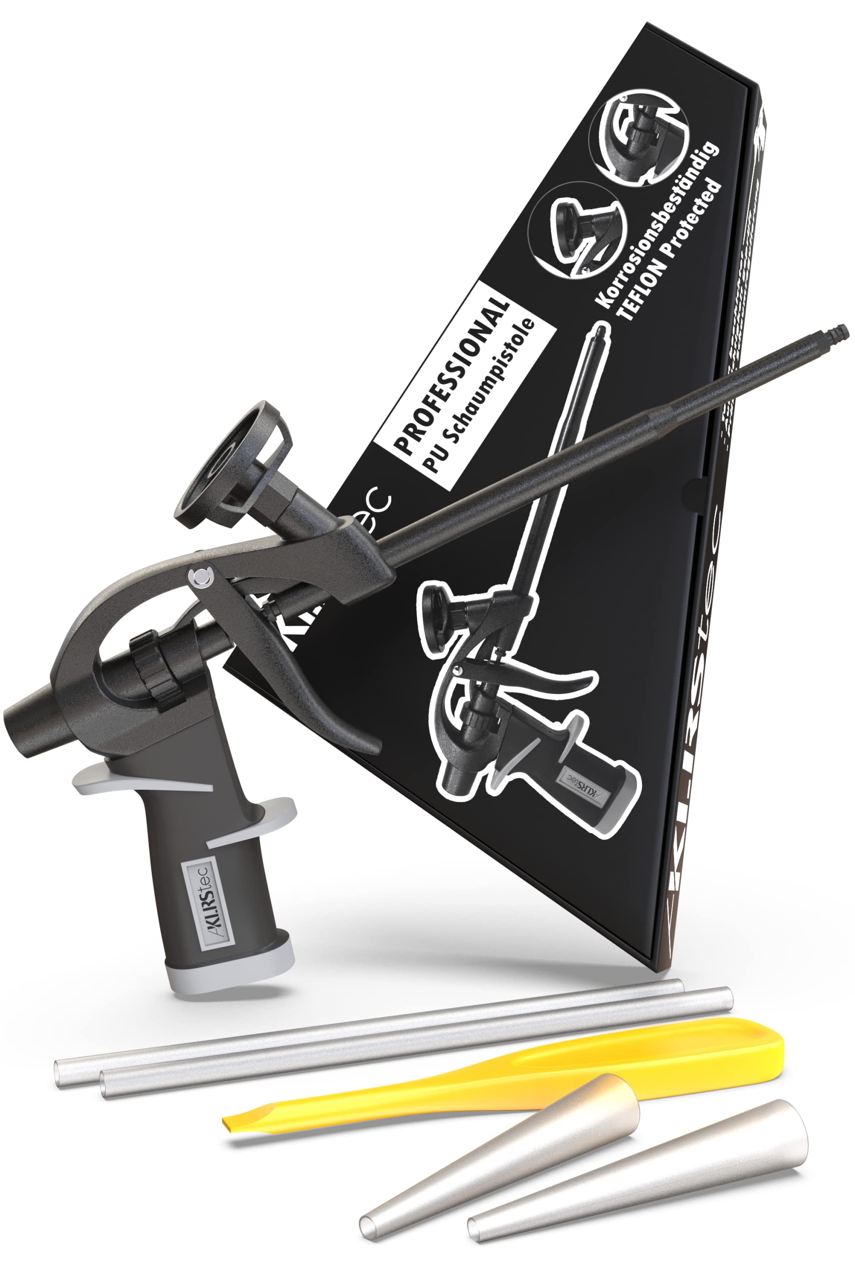 KLRStec® Professional PU Foam Gun Teflon Coated (PTFE) - Professional Assembly Gun I Construction Foam Gun with one-Hand Adjustment (1k & 2k 750ml) incl. Accessories