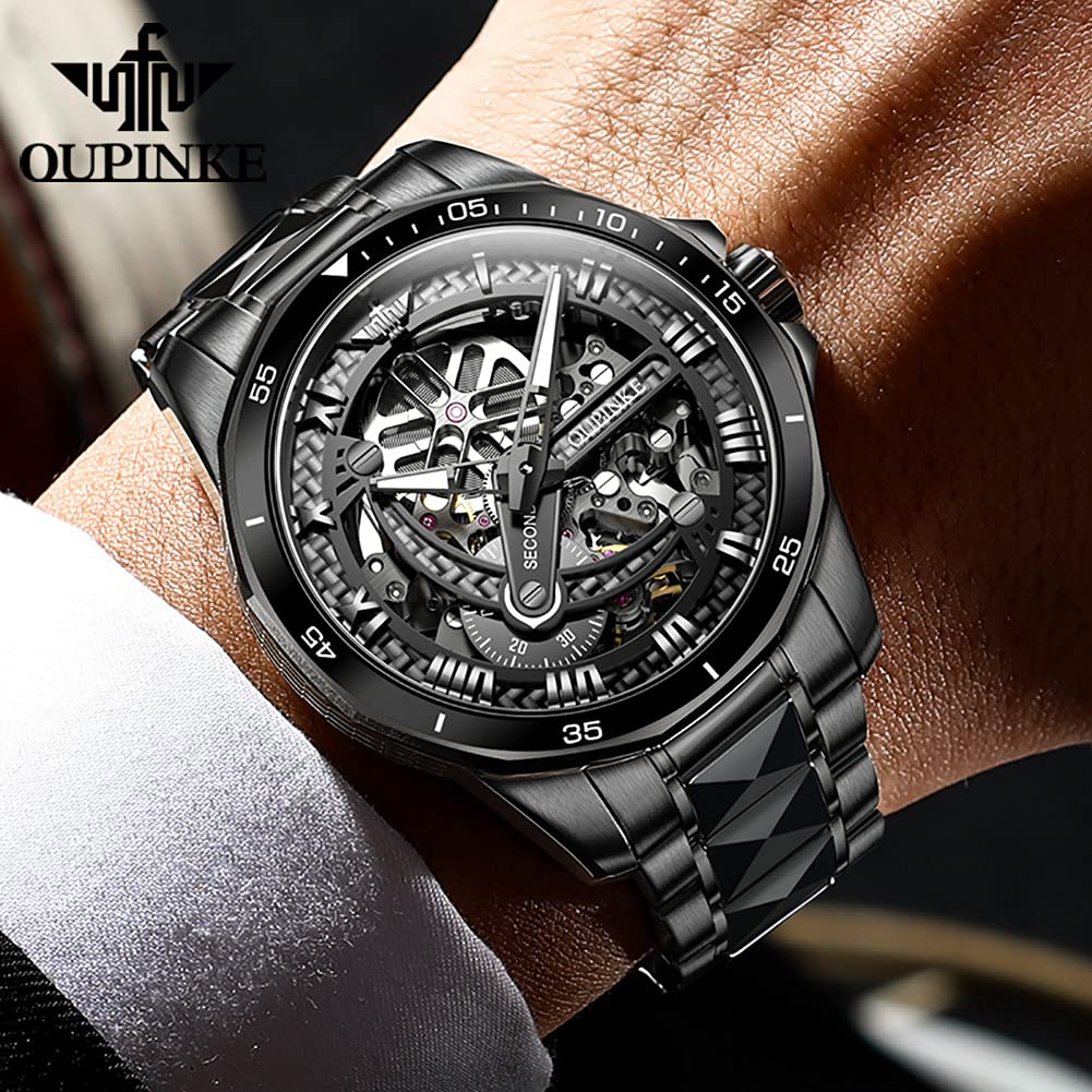 OLEVS Mens Automatic Watches for Men Skeleton Mechanical Luxury Black Silver Wrist Watches Waterproof Luminous Sapphire Crystal
