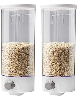 Wuudi Müslispender Wandmontage Cerealienspender, Wandspender für Doppel-Kammer, Luftdichter Lebensmittelbehälter, Frühstück, Haustiere, Katzenfutter, Hundefutter, Weiß Transparent, 1000ML
