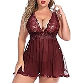 Avidlove Womens Plus Size Babydoll Lingerie Lace Chemise Mesh Sleepwear Wine Red