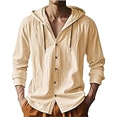 PIDOGYM Men Cotton Linen Long Sleeve Button Down Shirt Summer Casual Hawaiian Beach Tops Lightweight Fashion Hoodies