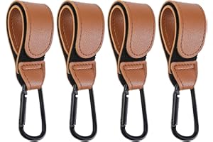 DEIHAALEN 4 Pcs Leather Stroller Hook, Mommy Stroller Clip, Stroller Accessories Organizer Hook, Metal Hook for Strollers/Walkers/Mobility Scooter/Wheelchair/Rollator(Brown)