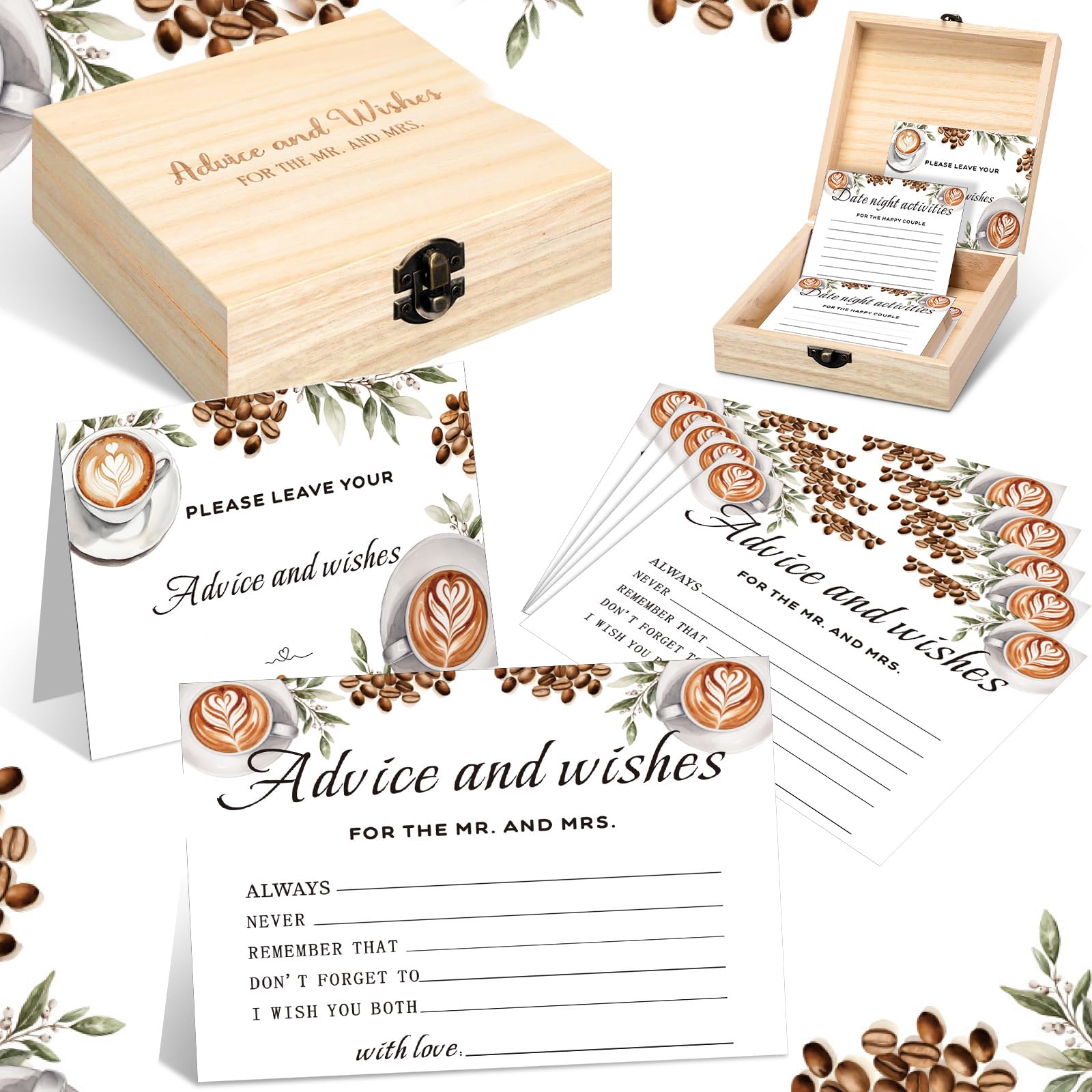 Photo 1 of Anglechic 51 Pcs Wedding Advice and Wishes Cards with Wooden Box for the Mr and Mrs Love Is Brewing Coffee Bridal Shower Decorations Games for Bride and Groom Reception