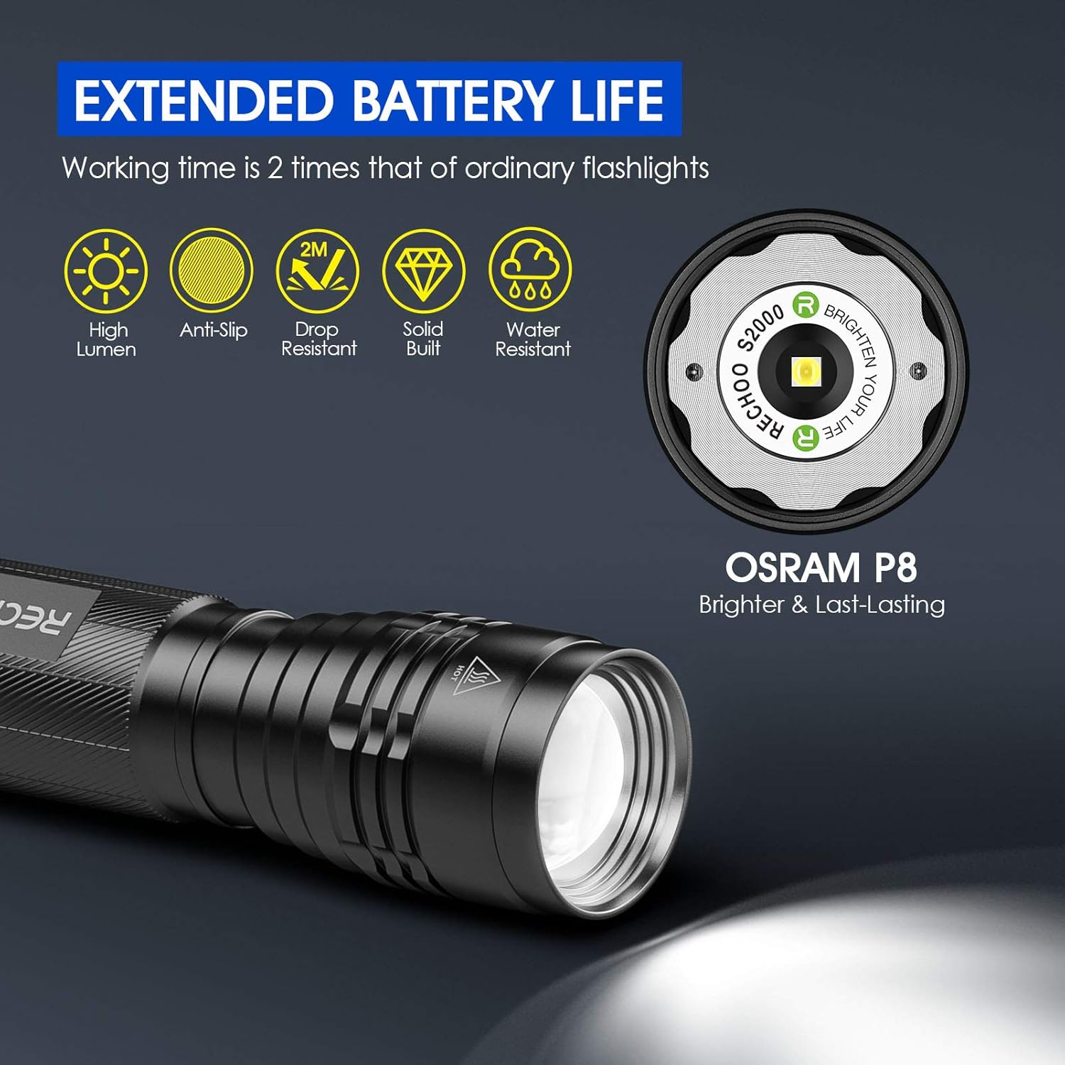 High-Powered LED Flashlight S2000, RECHOO Upgraded Powerful 2000 High Lumens Flashlights with 3 Modes, Zoomable, Water Resistant Flash Light for Camping, Outdoor, Emergency, Hiking - - 