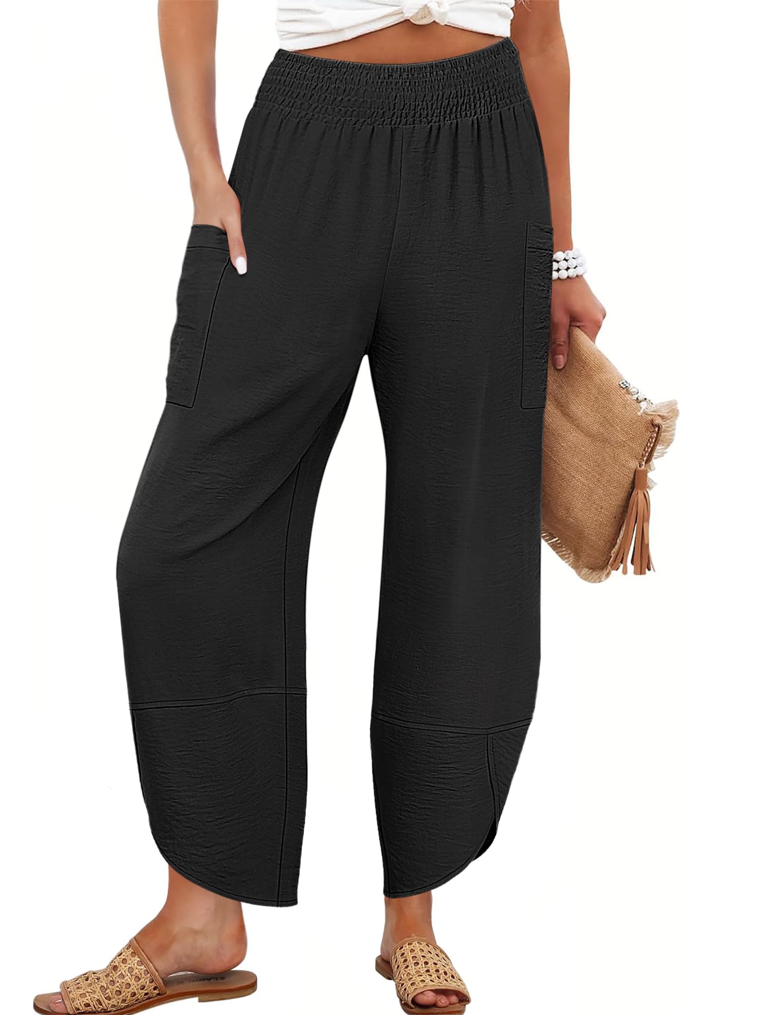Photo 1 of ANRABESS Womens Wide Leg Palazzo Capri Pants 2026 Summer Casual Loose High Waisted Lounge Flowy Cropped Beach Work Trousers Black Medium