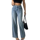 Women's Rhinestone Striped Jeans Wide Straight Leg Pants High Waist Stretch Denim Trouser 2025 Jeans
