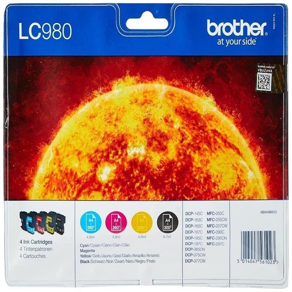 Brother LC-980BK/LC-980C/LC-980M/LC-980Y Inkjet Cartridges, Black/Cyan/Magenta/Yellow, Multi-Pack, Standard Yield, Includes 4 x Inkjet Cartridges, Brother Genuine Supplies