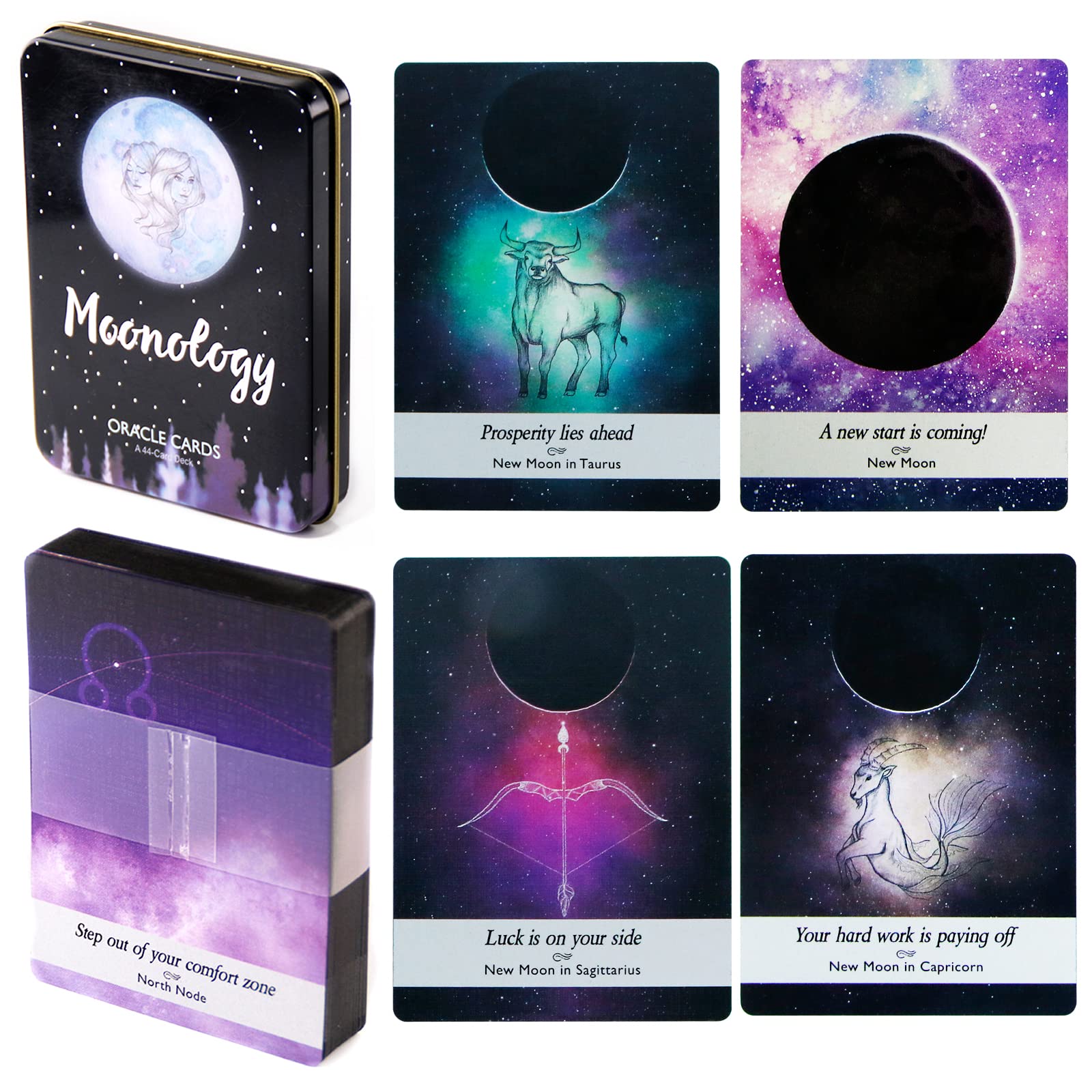 Atesswy Moonology Oracle Cards in A Tin, A 44-Card Deck Gilded Black (Limited Edition), 400 GSM Black Core Cardstock