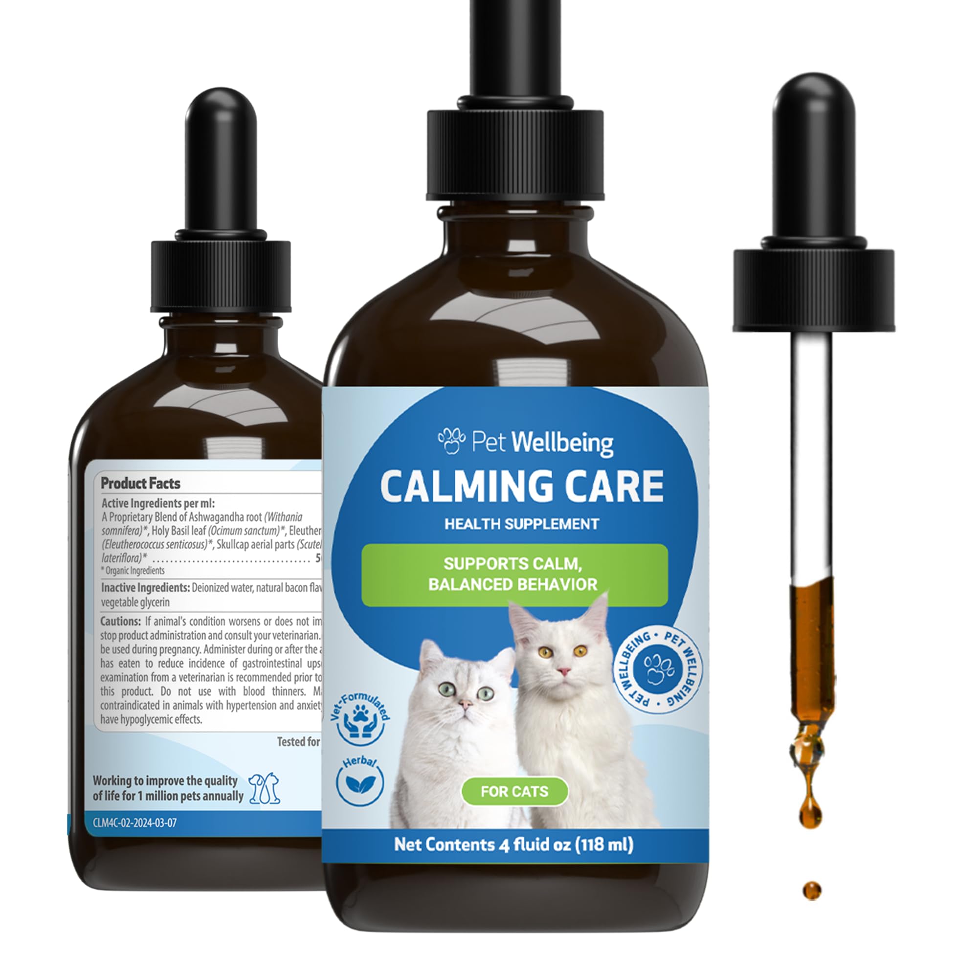 Pet Wellbeing Calming Care for Cats - Veterinarian-Formulated - Calm Support, Relaxed Nervous System, Emotional Balance, Adaptogens, Ashwagandha, Holy Basil - Herbal Supplement 4 oz (118 ml)