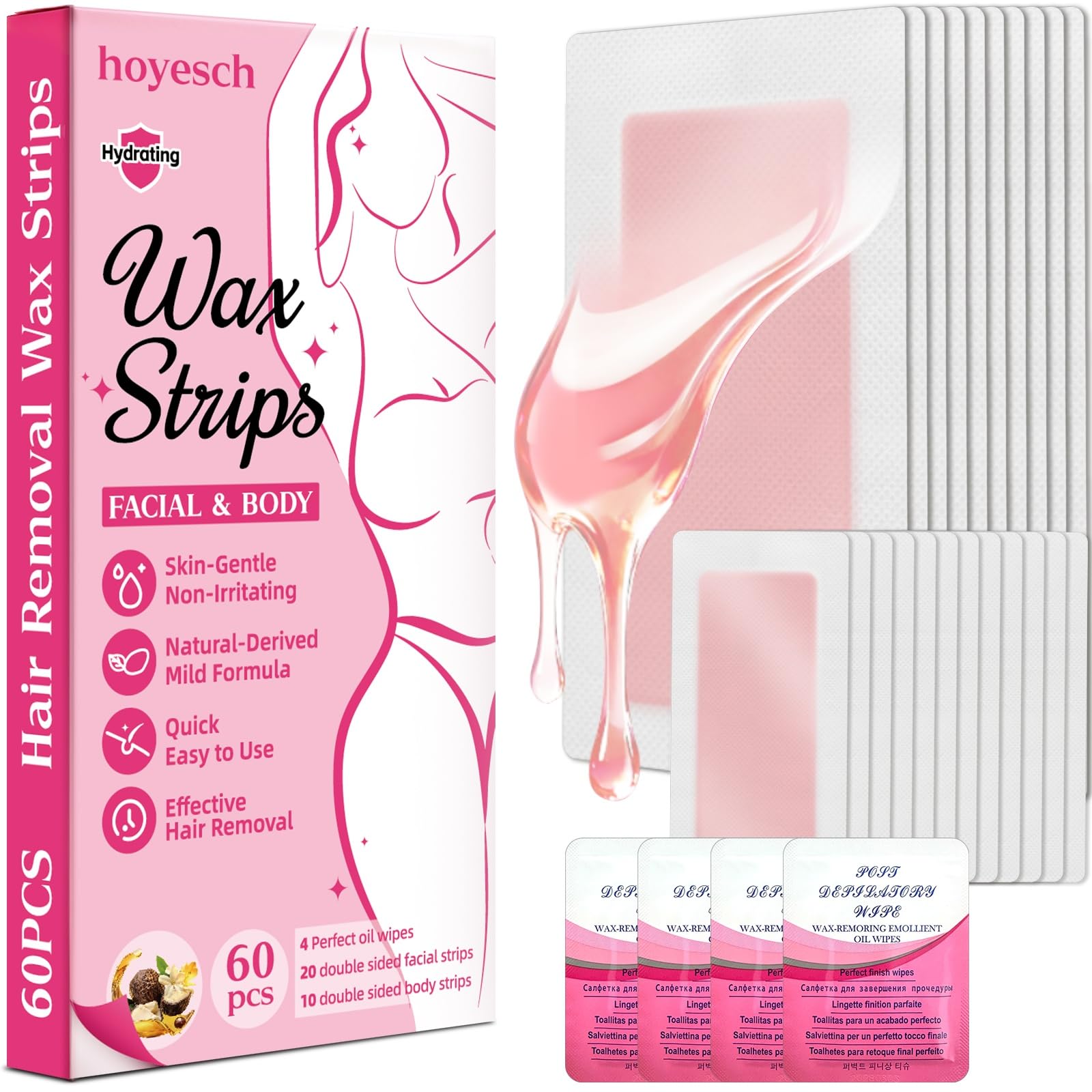 hoyesch 60PCS Wax Strips - 40 Facial & 20 Body Waxing Kit for Women | Wax Strips for Face, Eyebrow, Body, Arms, Legs, Chest,