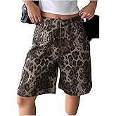 WDIRARA Women's Leopard Print High Waisted Denim Bermuda Shorts Cheetah Wide Leg Baggy Jean Shorts