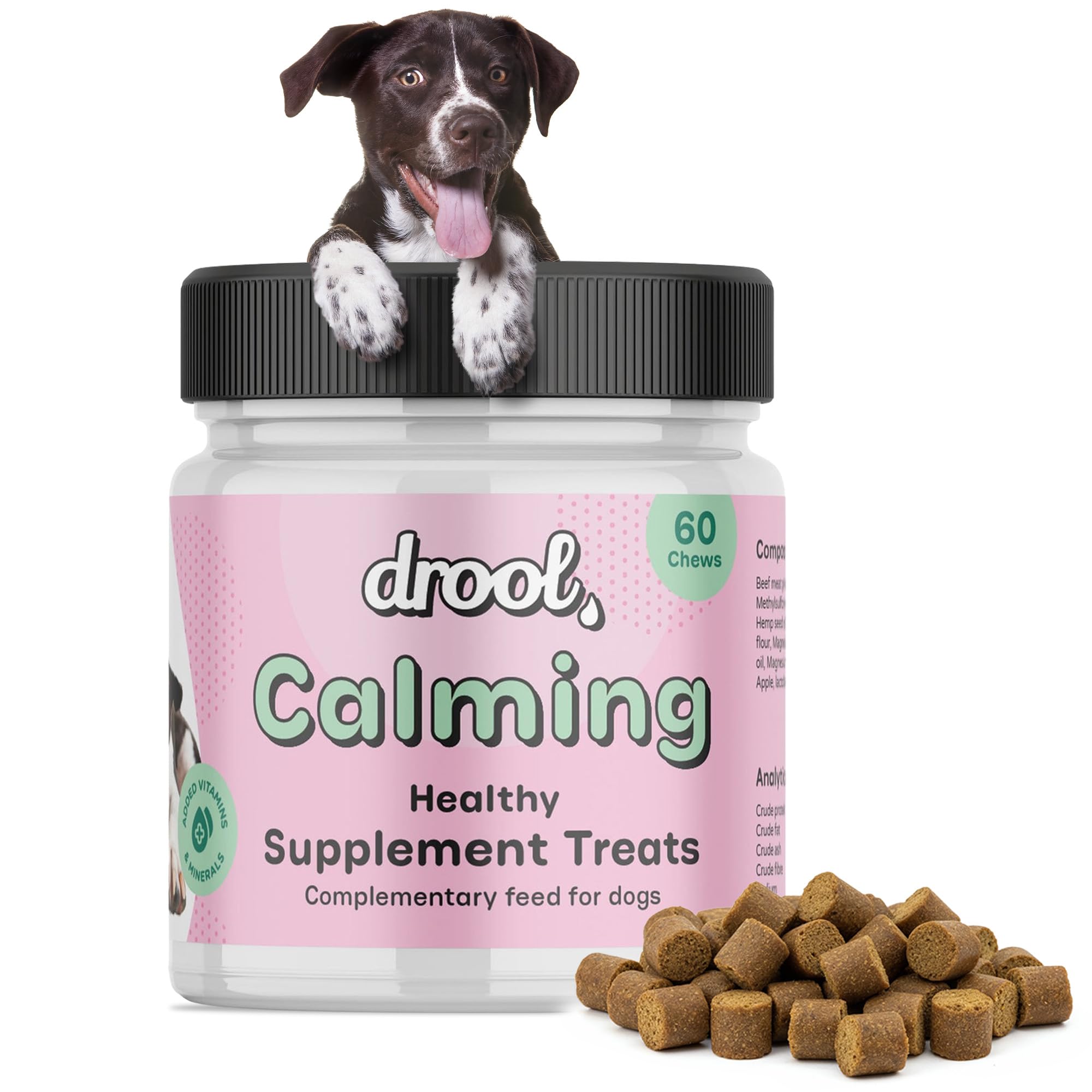 Drool Pet Products | Calming Dog Treats for Anxiety Relief | Natural Beef-Flavoured Dog Calming Supplement for Stress, Fireworks, Travel & Separation | Anxiety Relief for Dogs | 180g (60 Tablets)