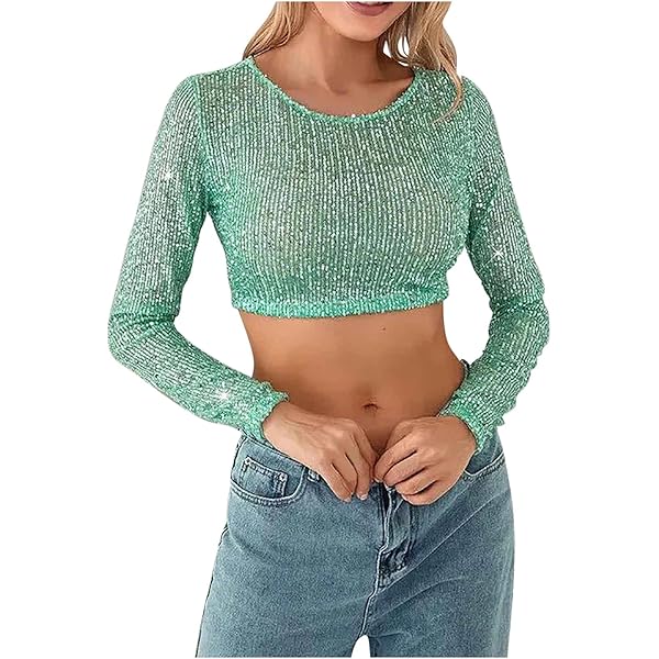 NUFIWI Women Sequin Top Long Sleeve Glitter Slim Crop Shirt
