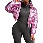 COZYPOIN Women's Metallic Shiny Cropped Puffer Jacket Long Sleeve y2k Zip Up Padded Down Short Coat Outerwear