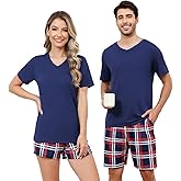 SPKPKEY Matching Pajamas for Couples Soft Lounge Set Short Sleeve Tops and Shorts Casual V Neck Sleepwear Loungewear S-XXL
