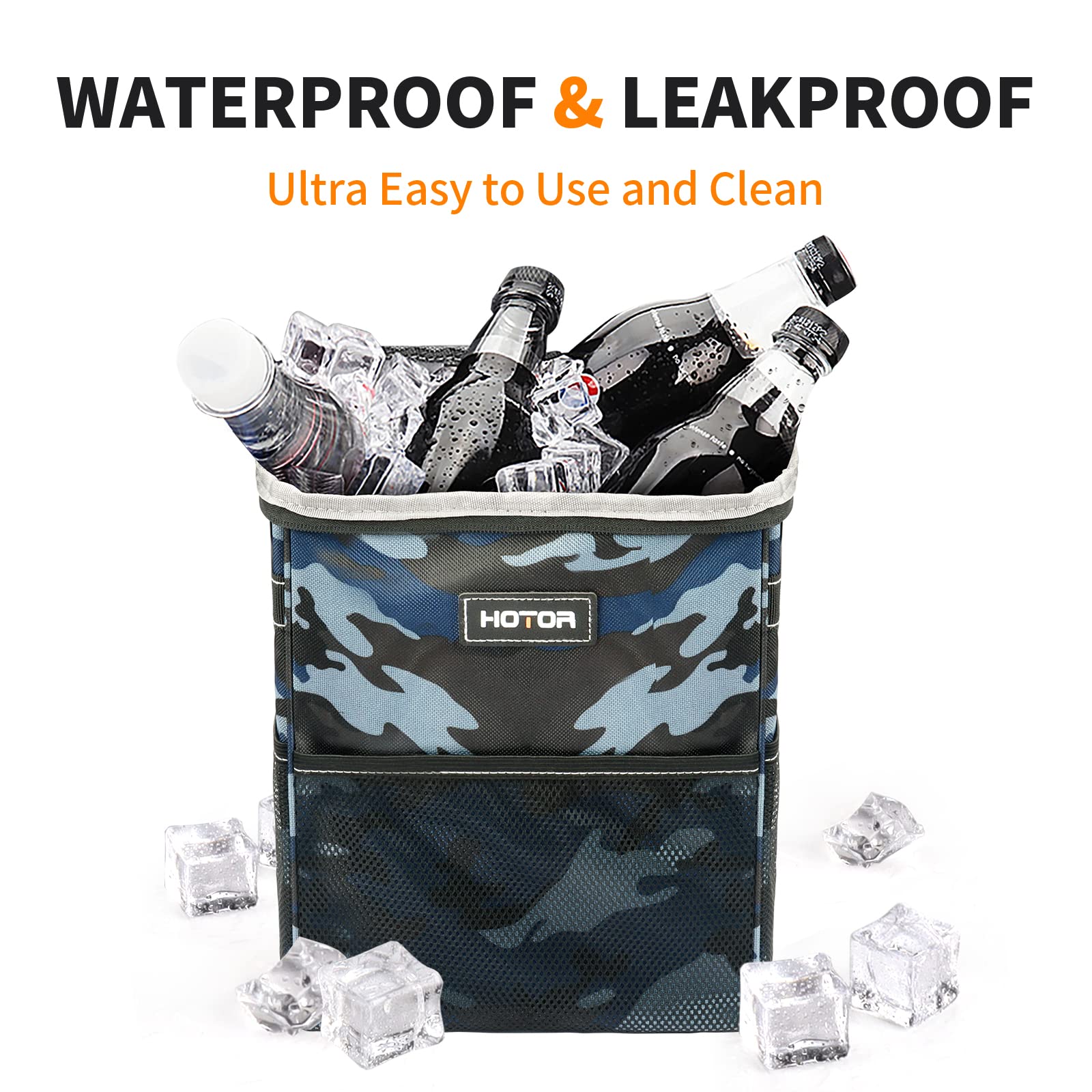 HOTOR Car Trash Can with Lid and Storage Pockets - 100% Leak-Proof Organizer, Waterproof Garbage Can, Multipurpose Trash Bin for Car, 2 Gallons, Camouflage Blue