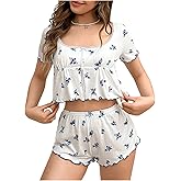 MakeMeChic Women's 2 Piece Lightweight Summer Pajamas Floral Scoop Neck Short Sleeve Crop Top and Bow Knot Shorts PJ Sets