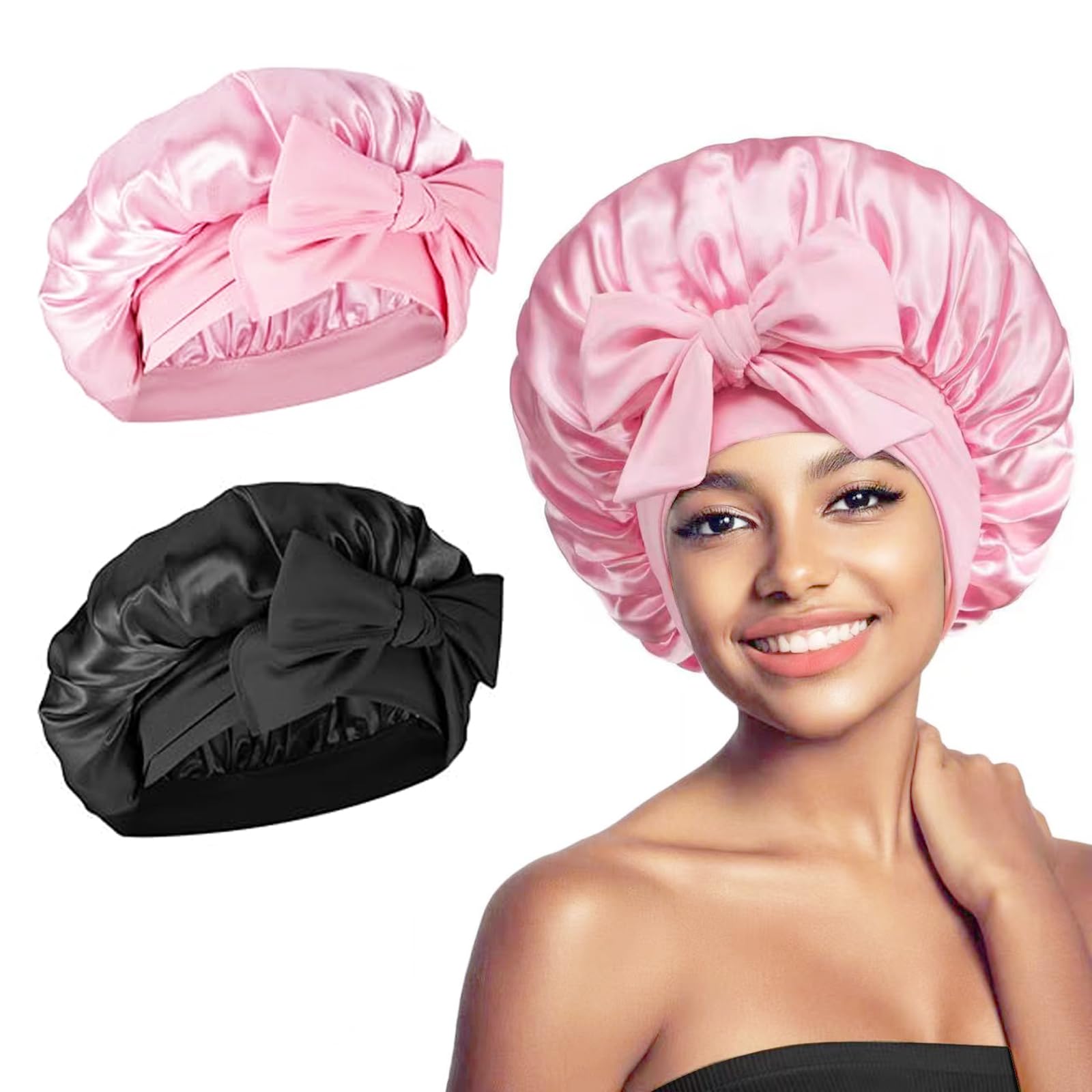 KUIZHEN 2 Pcs Satin Bonnets, Adjustable Hair Bonnet for Sleeping, Silk Bonnets for Women, Silk Hair Bonnet for Women Girls Long, Straight, Curly Hairs(Black and Pink)