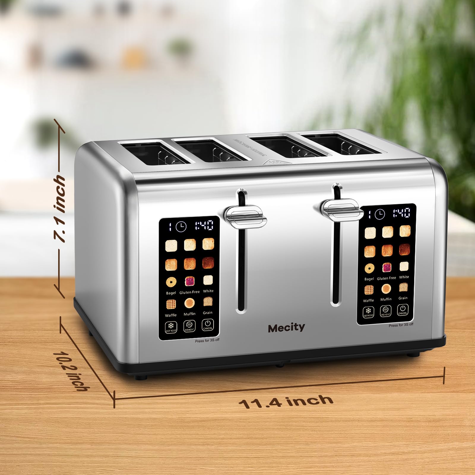 Mecity Tostadora de 4 Rebanadas con Control de Pantalla Táctil, 4 Ranuras Anchas, Tostadora de Pan Inteligente de Acero Inoxidable para Bagels, Muffins, Waffles, Panel de Control Dual, Temporizador, Descongelar, Recalentar, 120V 1650W