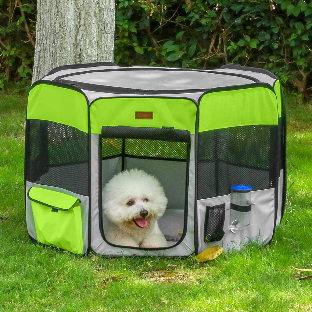 Akinerri Dog Playpen, Foldable Puppy Pet Exercise Kennel with Removable Mesh Shade Cover, Portable Pet Playpen for Pets Indoor or Outdoor Training