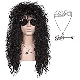 FantaLook 80S Curly Wig with Necklace 70S Black Cosplay Wig for Men