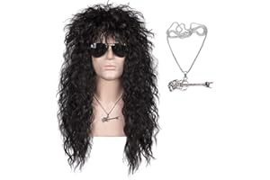FantaLook 80S Curly Wig with Necklace 70S Black Cosplay Wig for Men