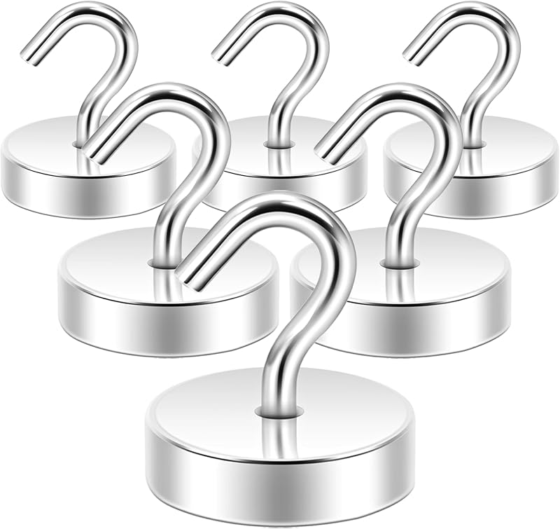 Neosmuk 60lb Extra Strong Magnets with Hook Pack of 6 Silver